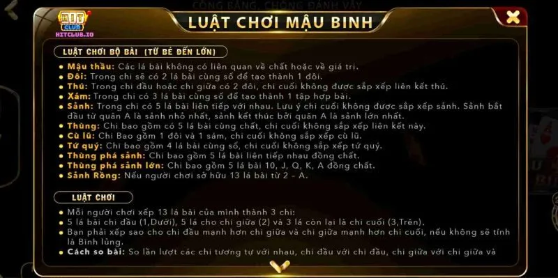 Chi tiết về luật chơi game Hitclub Mậu Bình